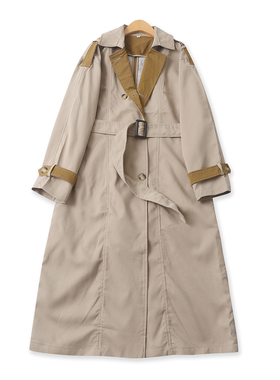 拼色中长款风衣外套 春秋新款外贸女翻领双排扣长袖撞色外套33928