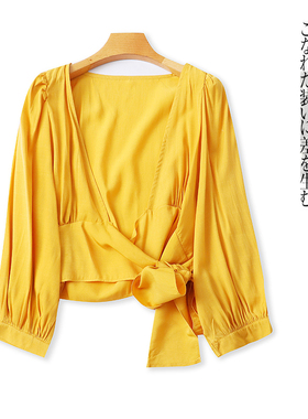 系带小衫  夏秋新款外贸女装时尚V领裹腰系带泡泡九分袖小衫31488
