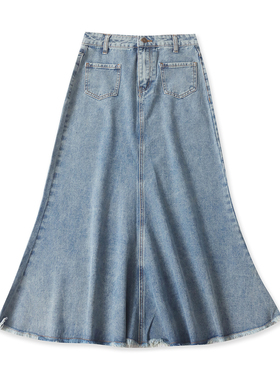 牛仔鱼尾裙 春秋新款女装时尚自然腰拉链纽扣毛边中长半身裙32957