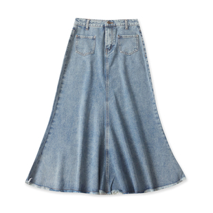 牛仔鱼尾裙 春秋新款女装时尚自然腰拉链纽扣毛边中长半身裙32957