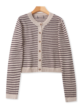 拼色条纹针织开衫 春秋新款外贸女装时尚圆领单排扣长袖上衣33174