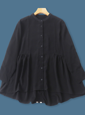 通勤气质衬衫 秋季新外贸女装小立领单排扣长袖褶皱拼后贴条32551