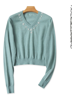 毛衣  春秋新款外贸女装时尚手工缝制珍珠V领套头长袖针织衫30574