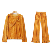 圆领套头上衣 女装 春秋新款 微喇长裤 日单丝绒褶皱时尚 33539 套装