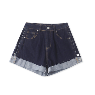 夏季 高腰拉链纽扣阔腿休闲短裤 新款 时尚 33319 女装 毛边牛仔短裤