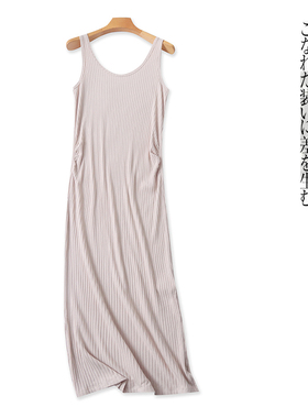 针织螺纹背心裙 夏新款外贸女装时尚修身圆领套头开叉中长裙30866