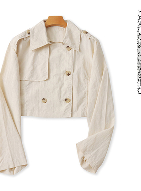 风衣款短外套 秋季新外贸女装时尚宽松翻领双排粒扣长袖上衣29687