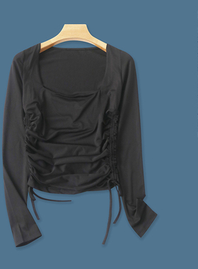 抽绳系带T恤 春秋新款外贸女装时尚减龄方领套头长袖显瘦T恤28437