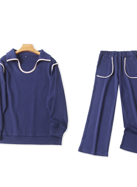 套头上衣+阔腿长裤 空气层套装 春秋新翻圆领长袖松紧腰长裤30557