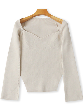 开叉针织衫 秋季新款女装时尚修身法式领套头喇叭袖薄款毛衣32622