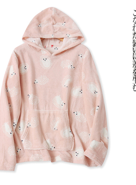 毛绒家居服 秋冬新款外贸女装连帽领套头长袖袋鼠兜印花上衣30011