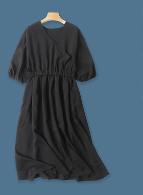 日单连衣裙  夏季新女装时尚减龄交叉V领短袖松紧腰套头长裙25371