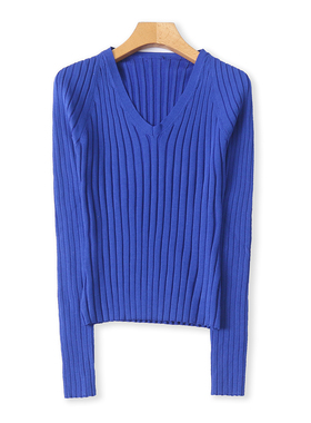 针织坑条打底衫 春秋新款外贸女装简约V领套头长袖内搭外穿32864