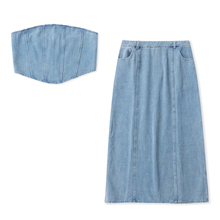 牛仔套装  露脐抹胸+中长款半身裙  夏季新款外贸女装软牛仔31838