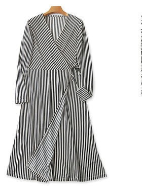 连衣裙  夏秋新外贸女交叉V领套头长袖松紧腰系带开叉中长裙28505