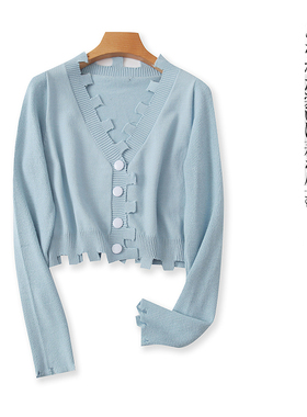 开衫毛衣  春秋新款外贸女装时尚V领单排扣长袖破边软糯毛衣31953