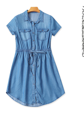 天丝衬衫裙  夏季新款外贸女装翻领单排扣短袖系带腰连衣裙31580