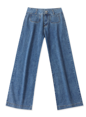 水洗棉阔腿牛仔裤 春秋新款女装高腰拉链纽扣窄版直筒休闲裤33340