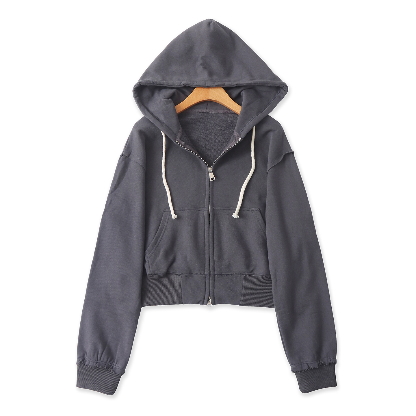 毛圈棉卫衣 春秋新款女装简约连帽领拉链长袖双口袋开衫外套33132