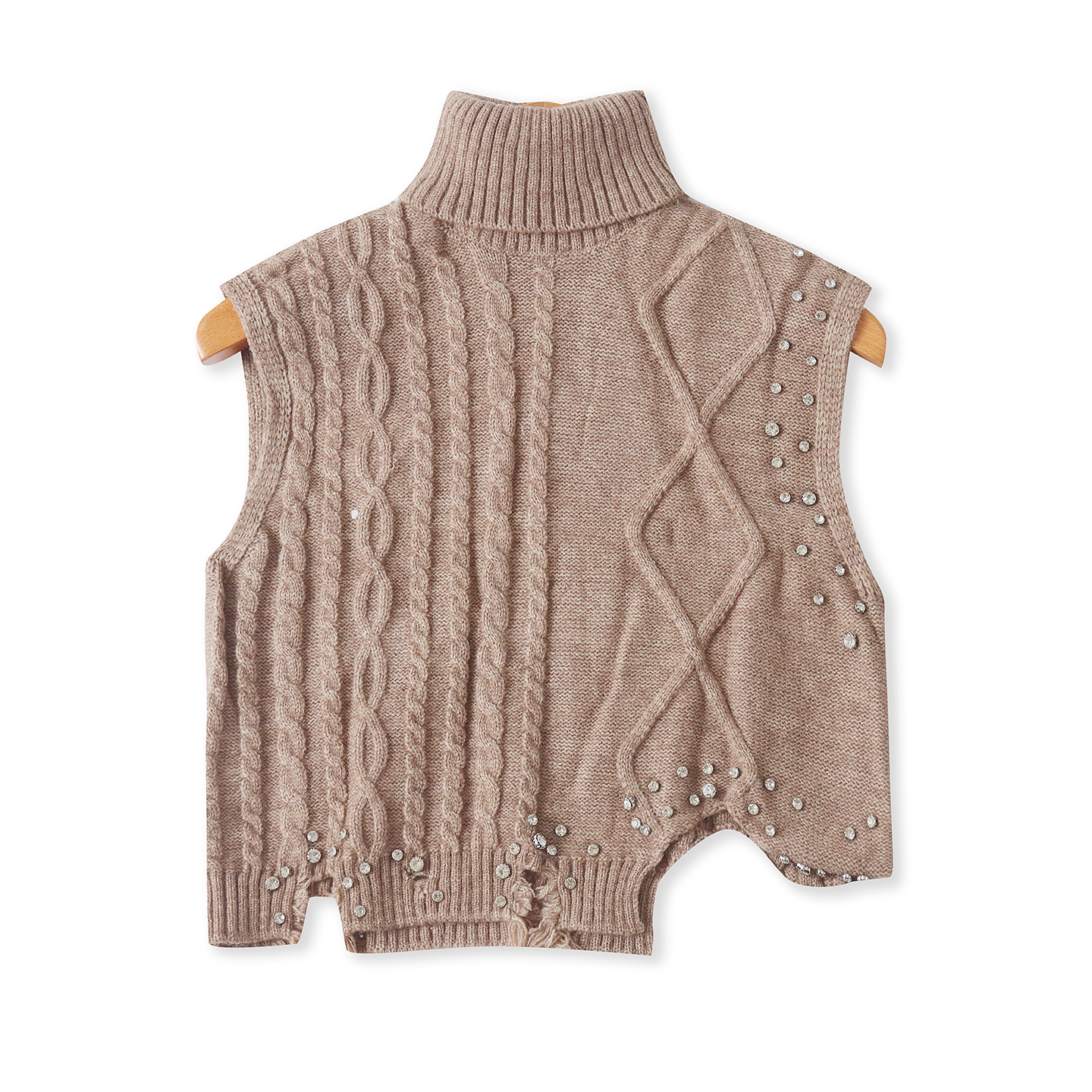 钉珠毛衣背心 秋冬新款外贸女装时尚青春高领套头不规则破洞32804