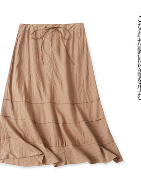 棉麻半身裙 春夏新款外贸女装自然腰抽绳系带拉链纽扣中长裙28801