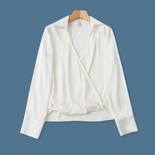 缎面仿真丝衬衫  春秋新款外贸女时尚翻交叉V领套头长袖衬衫33541