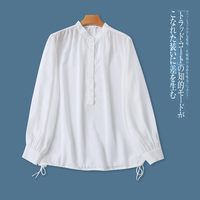 小立领纽扣套头长袖抽绳雪纺衫