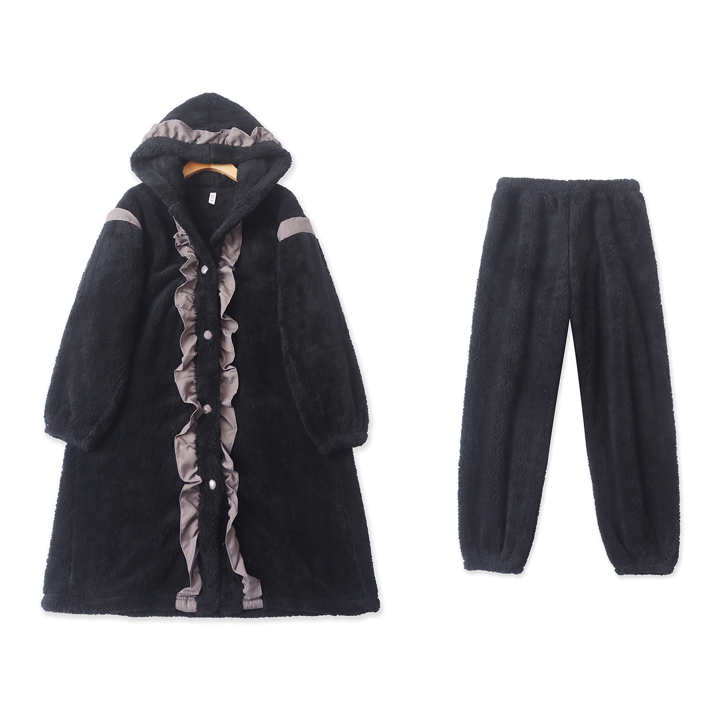 木耳边毛绒家居服套装  冬新款女连帽领中长上衣+松紧腰长裤33154