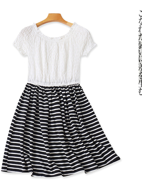 日单褶皱拼接连衣裙 夏新女时尚青春一字肩短袖松紧腰连衣裙31455