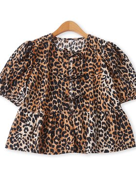 豹纹系带小衫  夏季新款外贸女装时尚圆领系带泡泡短袖衬衫32771