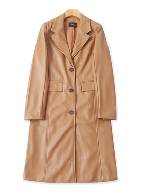 软皮中长款风衣 秋冬新款外贸女装时尚西装领单排扣长袖外套33173