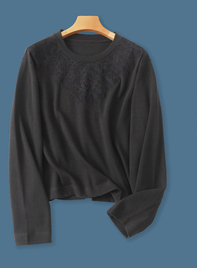 刺绣T恤  秋季新外贸女装时尚减龄圆领套头长袖纯色弹力T恤26206