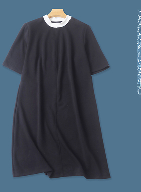 空气层连衣裙 春夏新外贸女装大版型撞色圆领套头短袖中长裙30486