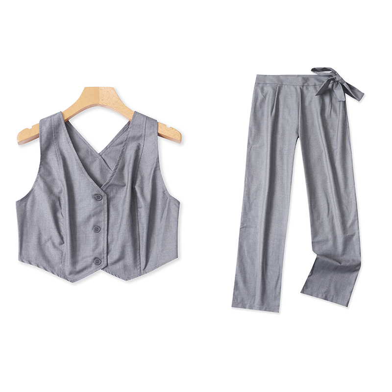 西装马甲+西裤套装  春秋新款外贸女装短款露背马甲直筒长裤30331