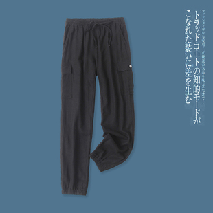 亚麻工装裤 春秋新外贸情侣款松紧高腰系带口袋束口休闲长裤27650