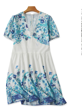 印花连衣裙  夏季新外贸女装时尚减龄V领套头短袖显瘦连衣裙28347