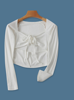 短款棉T恤  春秋新女装时尚修身抽绳系带法式领套头长袖镂空27988