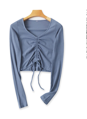 短款抽绳系带T恤 春秋新款外贸女装时尚修身圆领套头长袖T恤28451