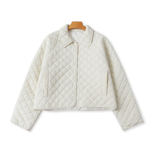 轻薄棉衣外套  秋冬新款外贸女装时尚翻领单排扣长袖菱形格32699