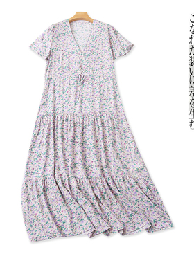 印花连衣裙 夏新外贸女时尚V领短袖抽绳系带腰中长荷叶边裙31325