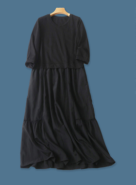 拼接连衣裙  春秋新外贸女装韩版圆领套头七分袖长款连衣裙27713