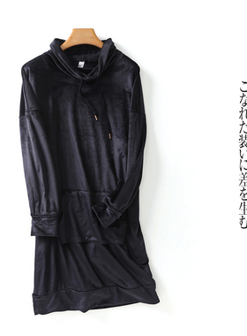 大码中长款卫衣  秋新款外贸女堆堆领套头长袖灯芯绒细条纹27025