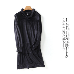 外贸女堆堆领套头长袖 大码 秋新款 卫衣 灯芯绒细条纹27025 中长款