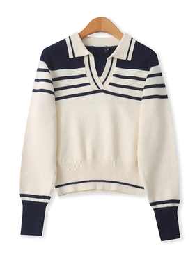 拼色软糯毛衣 春秋新款女装时尚减龄polo领套头长袖撞色毛衣33117