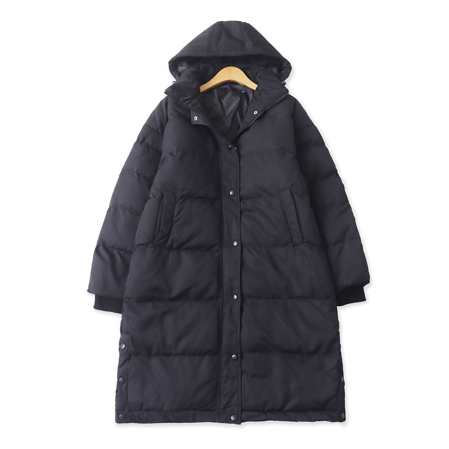 中长款加厚棉衣 冬季新款外贸女装立领连帽拉链摁扣长袖棉服33215