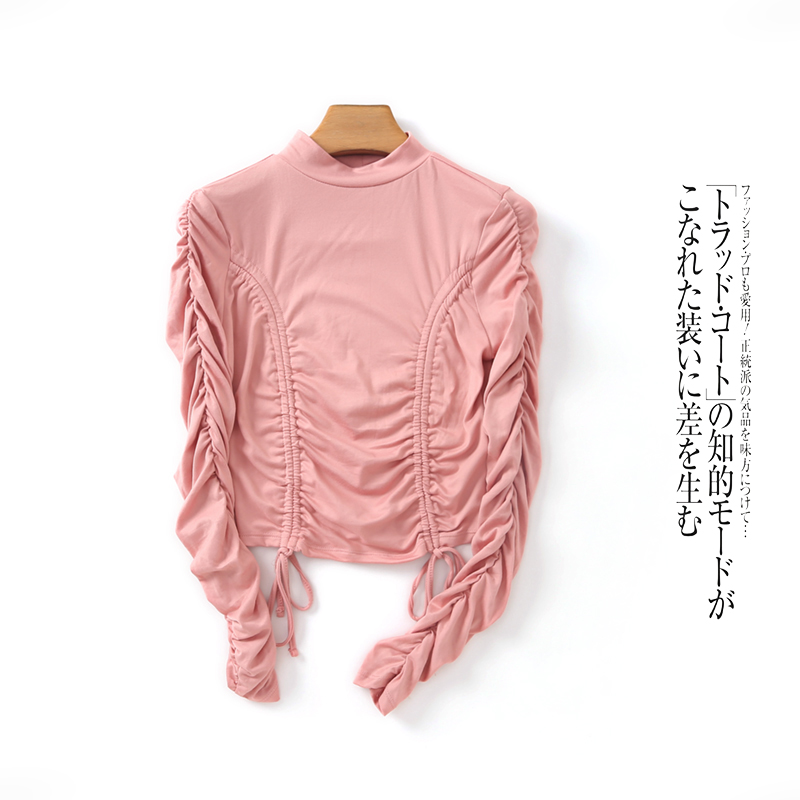 半高领长袖弹力抽绳褶皱套头T恤