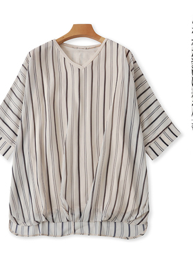 日单蝙蝠袖雪纺衫  夏季新款外贸女装V领套头七分袖撞色条纹27794