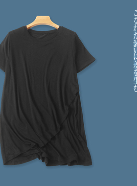 人棉大码T恤 夏季新外贸女装时尚圆领套头短袖不规则显瘦T恤30489