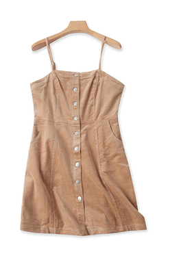 灯芯绒吊带裙 夏秋新款外贸女装露背可调节单排扣弹力连衣裙31968