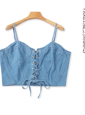 露脐牛仔抹胸 夏季新款外贸女装时尚法式领镂空系带显瘦双层31802